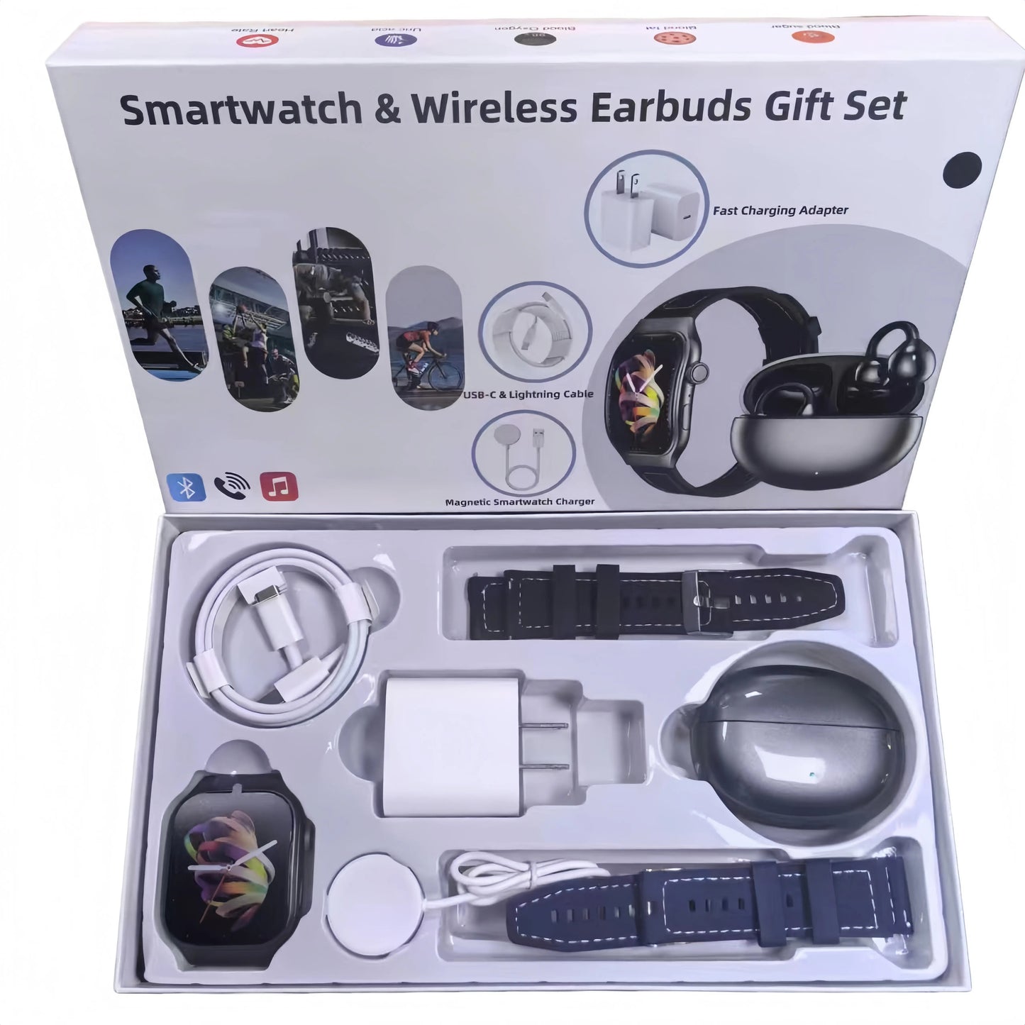 🔥Pain-Free Clip-On Earbuds & Smartwatch Gift Set – Complete Bundle with 20W Charger & Straps, Compatible with iOS & Android