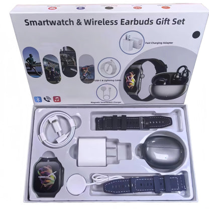 🔥Pain-Free Clip-On Earbuds & Smartwatch Gift Set – Complete Bundle with 20W Charger & Straps, Compatible with iOS & Android