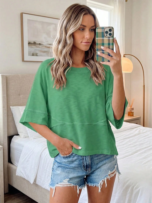 🔥HOT SALE 49% OFF 🔥 Women’s casual green short-sleeved T-shirt – asymmetrical neckline, dropped shoulder design