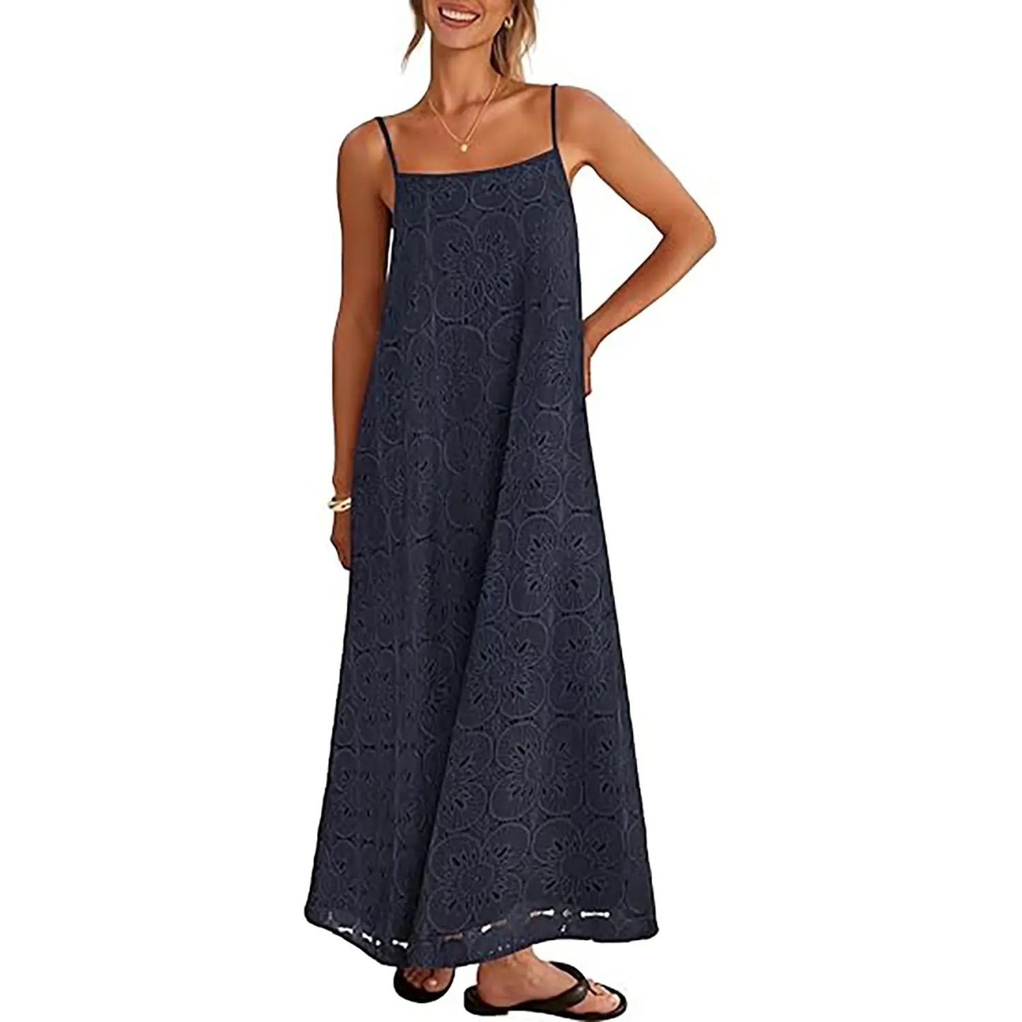 MEROKEETY Women's 2026 Summer Spaghetti Strap Sundress, Casual Sleeveless Floral Lace Eyelet Boho Beach Maxi Dress
