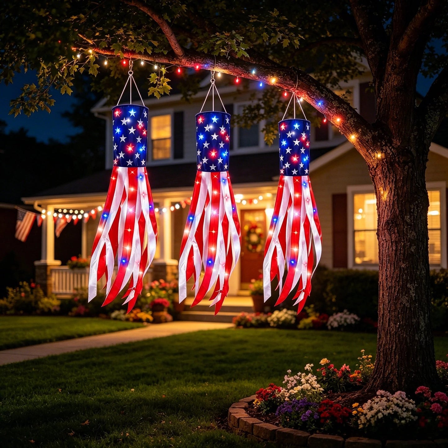 🔥LAST DAY 49% OFF- 3 Pack 50 Inch Large American Flag Windsocks with Red White Blue Lights