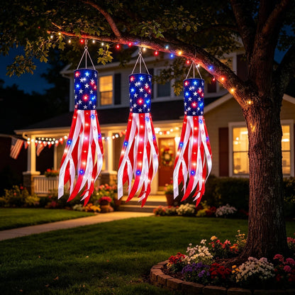 🔥LAST DAY 49% OFF- 3 Pack 50 Inch Large American Flag Windsocks with Red White Blue Lights