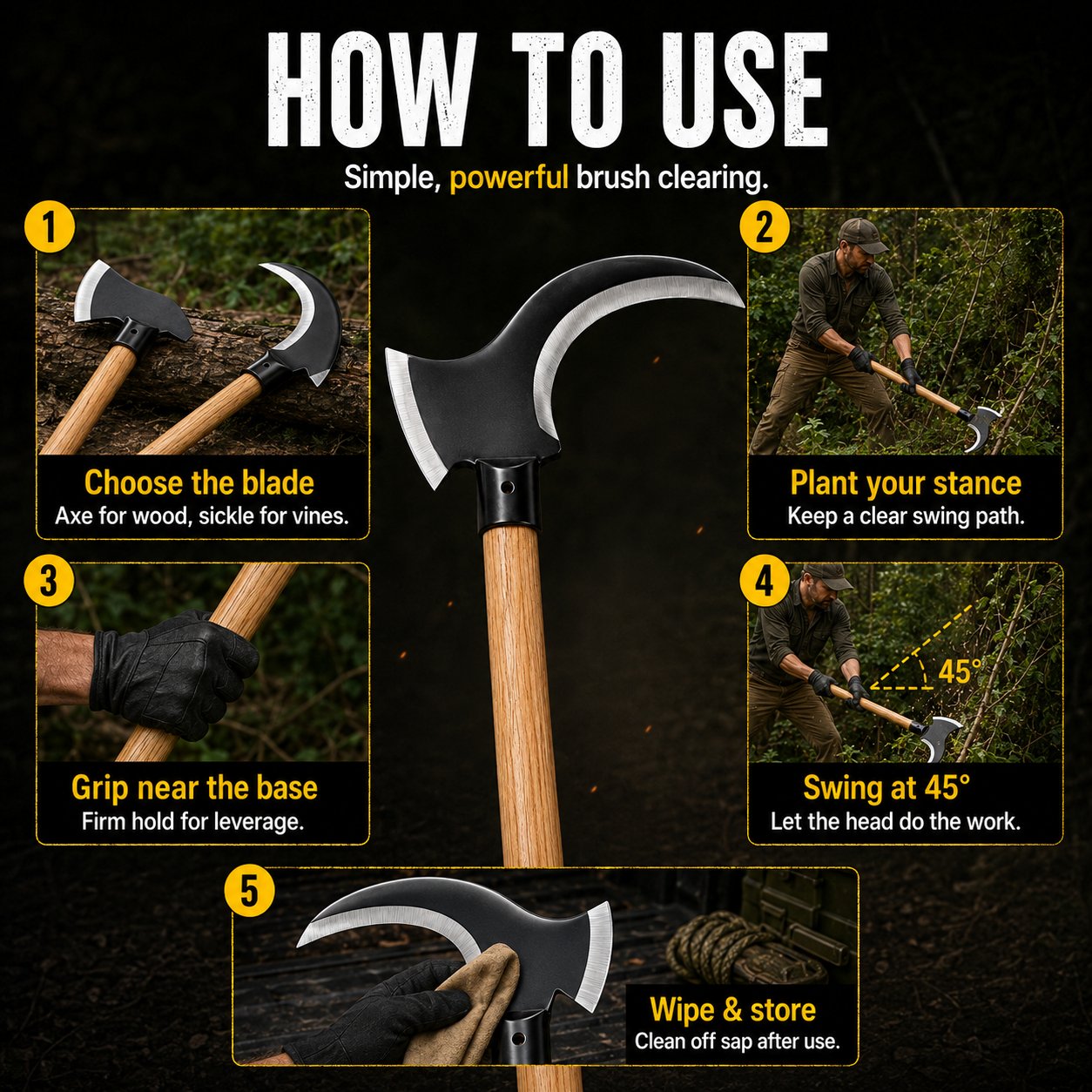 Tactical Dual-Head Clearing Axe & Sickle