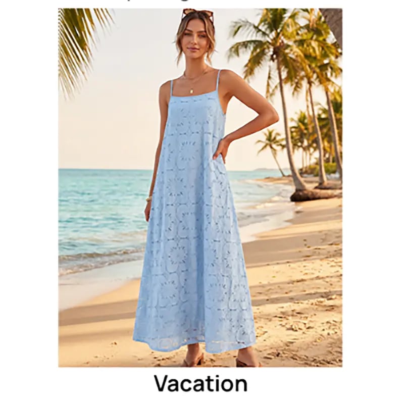 MEROKEETY Women's 2026 Summer Spaghetti Strap Sundress, Casual Sleeveless Floral Lace Eyelet Boho Beach Maxi Dress