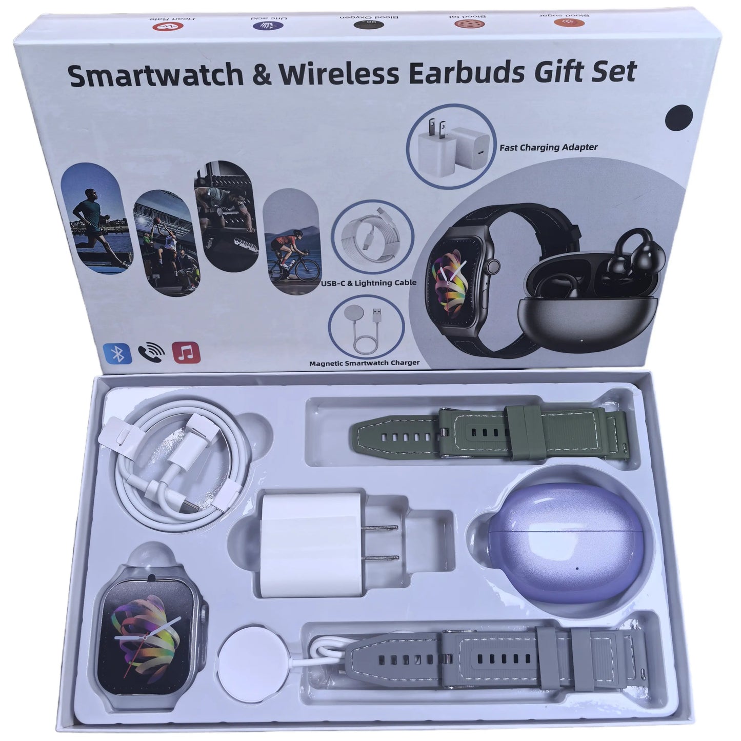 🔥Pain-Free Clip-On Earbuds & Smartwatch Gift Set – Complete Bundle with 20W Charger & Straps, Compatible with iOS & Android