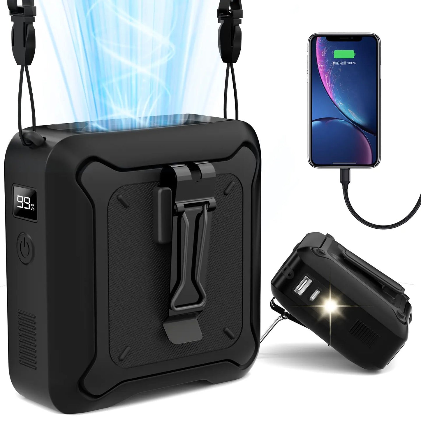 🔥Portable 5-in-1 High-Speed Waist Fan – 14500mAh Power Bank, 5 Speeds, LED Torch & Metal Clip