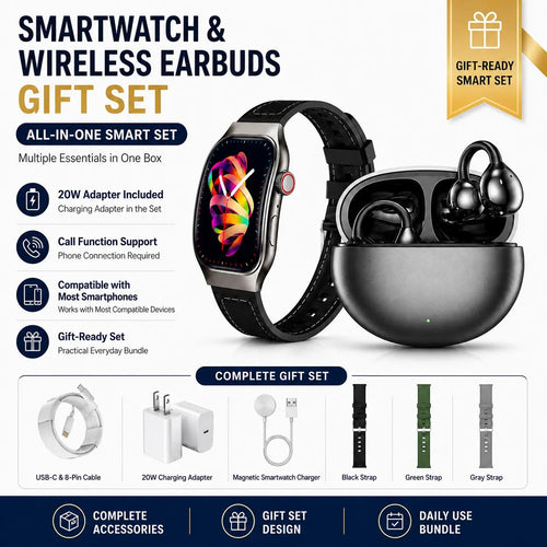 🔥Pain-Free Clip-On Earbuds & Smartwatch Gift Set – Complete Bundle with 20W Charger & Straps, Compatible with iOS & Android