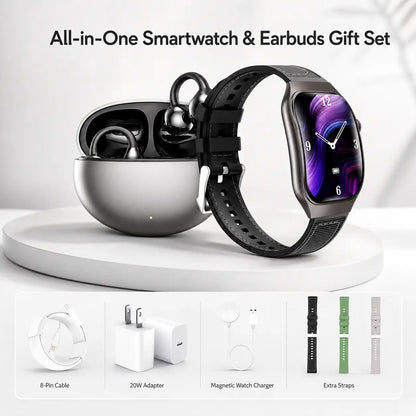 🔥Pain-Free Clip-On Earbuds & Smartwatch Gift Set – Complete Bundle with 20W Charger & Straps, Compatible with iOS & Android