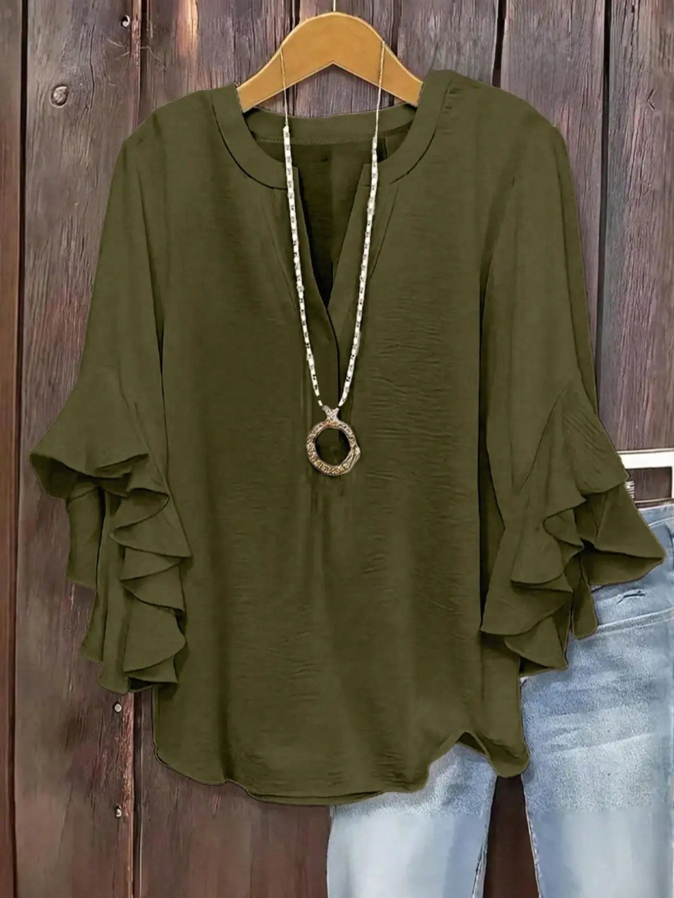 Plus Size Women's Ruffle Sleeve V-Neck Shirt, Elegant Floral Design, Comfortable and Stylish, Perfect for Casual Wear