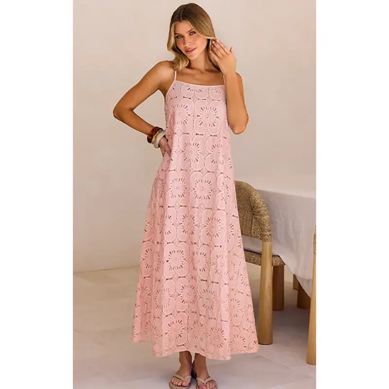 MEROKEETY Women's 2026 Summer Spaghetti Strap Sundress, Casual Sleeveless Floral Lace Eyelet Boho Beach Maxi Dress