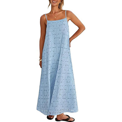 MEROKEETY Women's 2026 Summer Spaghetti Strap Sundress, Casual Sleeveless Floral Lace Eyelet Boho Beach Maxi Dress
