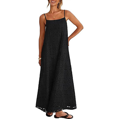 MEROKEETY Women's 2026 Summer Spaghetti Strap Sundress, Casual Sleeveless Floral Lace Eyelet Boho Beach Maxi Dress