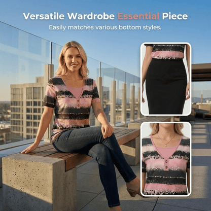 Faux Two-Piece Striped Top – Henley, Casual