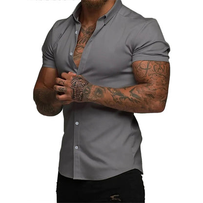 ⚡Hot Sales 49% OFF🔥Mens Muscle Fit Dress Shirts Casual Button Down Shirt Short Sleeve Wrinkle-Free Shirts