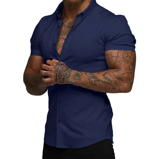 ⚡Hot Sales 49% OFF🔥Mens Muscle Fit Dress Shirts Casual Button Down Shirt Short Sleeve Wrinkle-Free Shirts