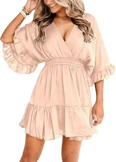 Womens V Neck Casual Dresses Summer Loose High Waist Ruffle Pleated Cute Mini Short Dress