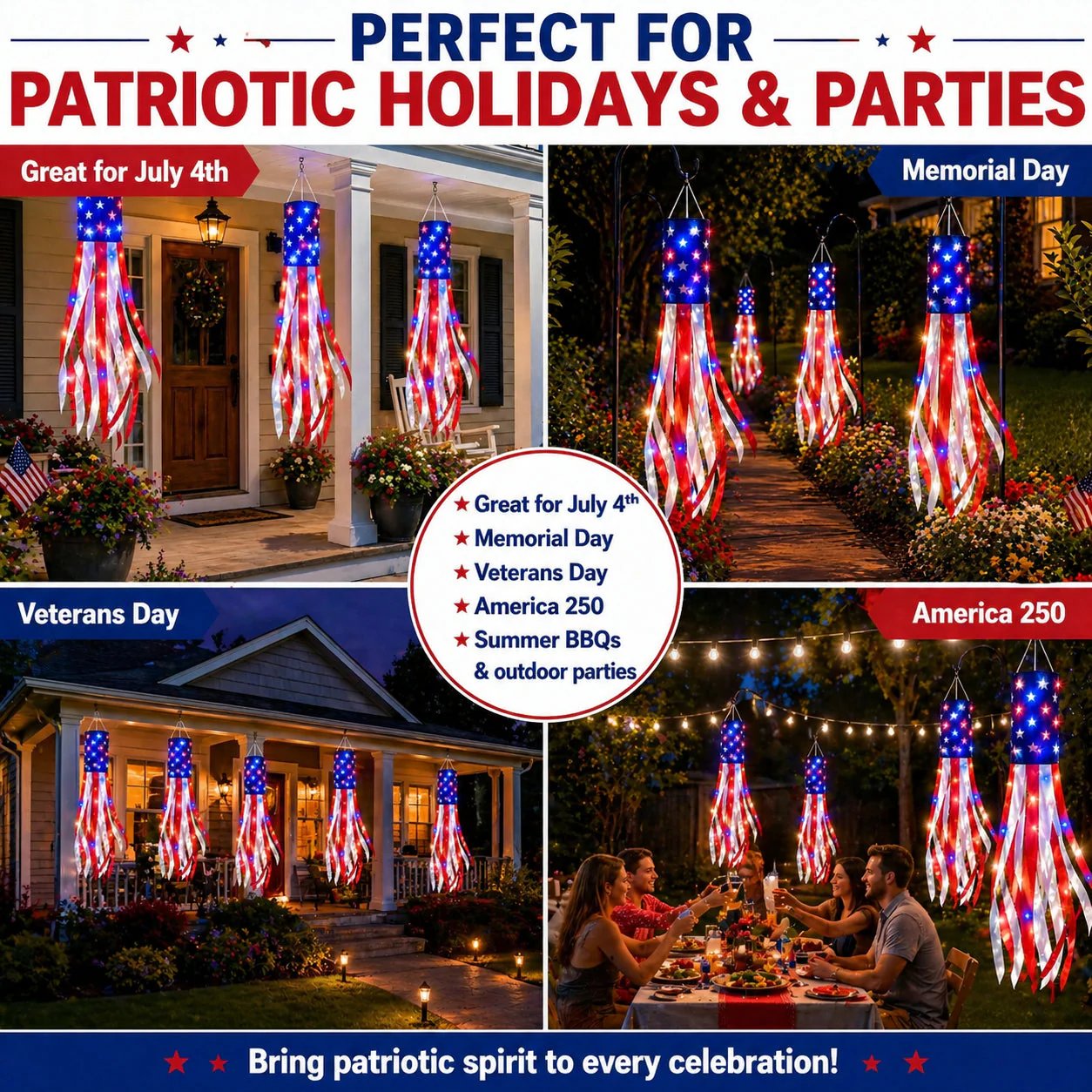🔥LAST DAY 49% OFF- 3 Pack 50 Inch Large American Flag Windsocks with Red White Blue Lights