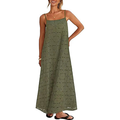 MEROKEETY Women's 2026 Summer Spaghetti Strap Sundress, Casual Sleeveless Floral Lace Eyelet Boho Beach Maxi Dress
