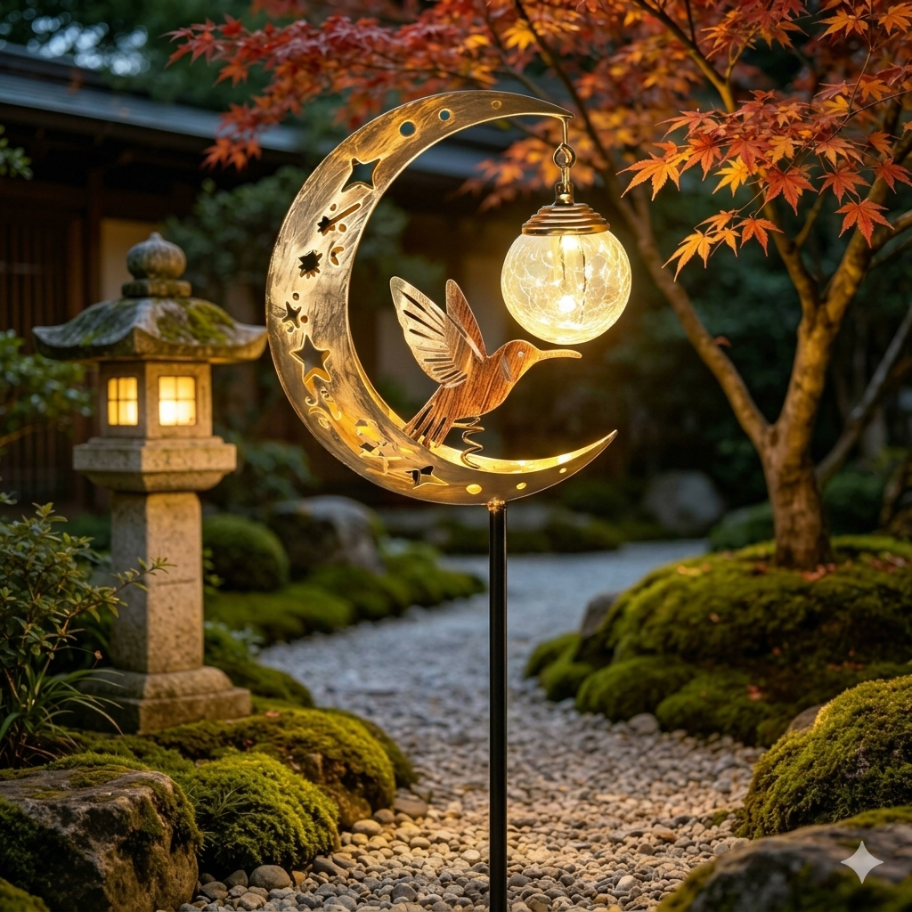 🌙✨Hummingbird Moon Solar Garden Stake Light